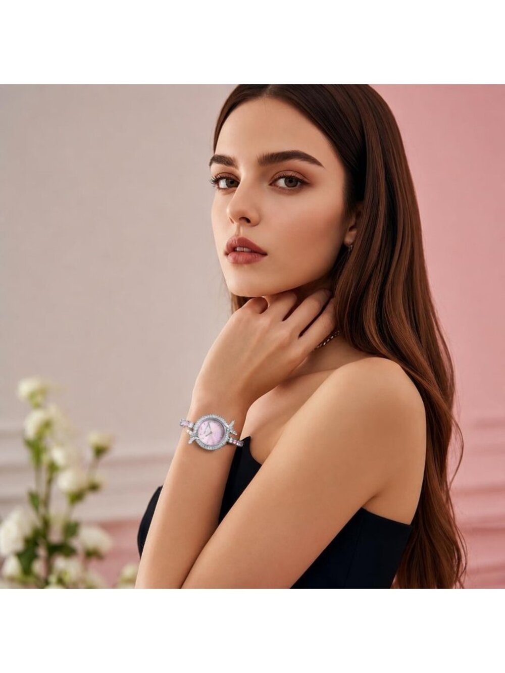 Women's Silver Round Butterfly Crystal with Pink Nacre Dial Sparkling Watch - Picture 5 of 5